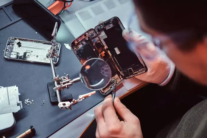 Technicien réparant un appareil électronique